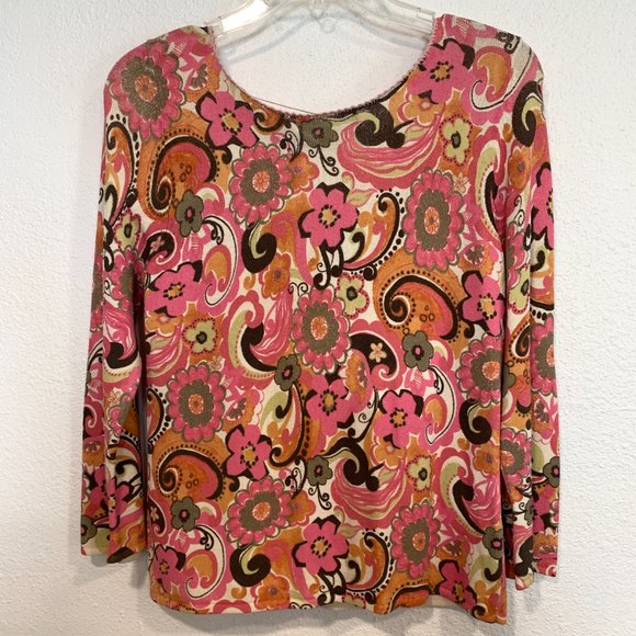 Sigrid Olsen Floral Knit Stretch Top MultiColor Beaded String V-Neck EUC Sz Med - Picture 4 of 7